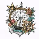 star surrounded by a G. zodiac signs libra and taurus. dots. letters S and M. boat in the water and cross. tattoo design idea