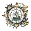 star surrounded by a G. zodiac signs libra and taurus. dots. letters S and M. boat in the water and cross. tattoo design idea