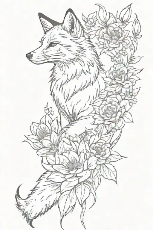 full body of fox with long and thick tail, with tulips and gerbera around. and with sun above tattoo design idea
