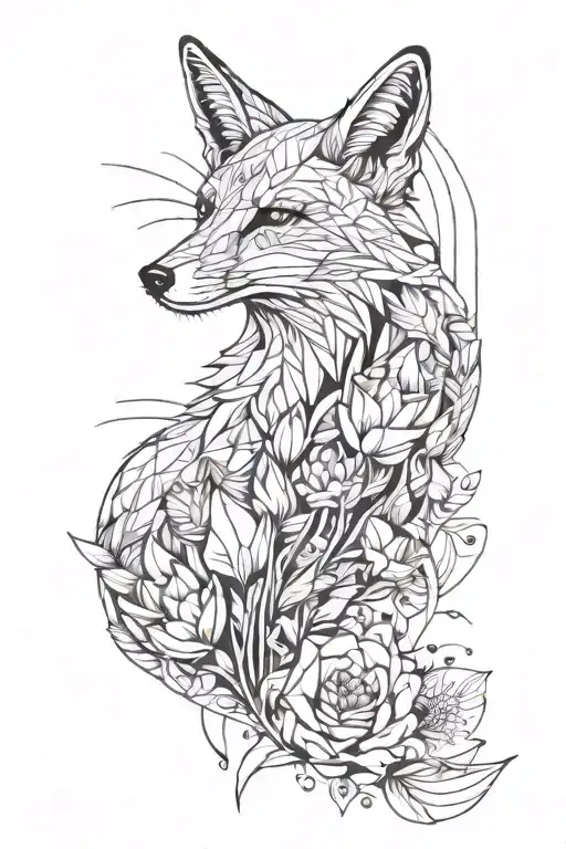 full body of fox with long and thick tail, with tulips and gerbera around. and with sun above tattoo design idea