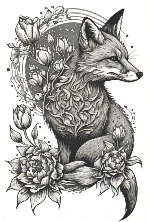 full body of fox, with tulips. and with sun above the fox tattoo design idea