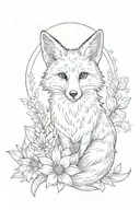 cute fox with long and thick tail, with tulips and gerbera around. and with sun above tattoo design idea