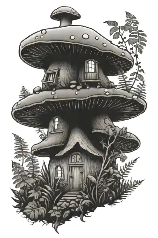 mushroom house surrounded by ferns tattoo design idea