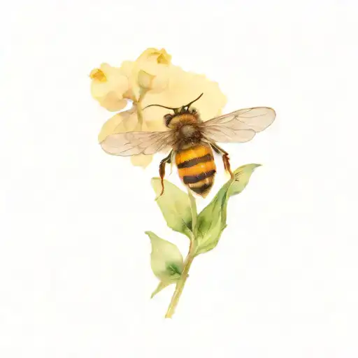 sage leaves, vintage bee flying tattoo design idea