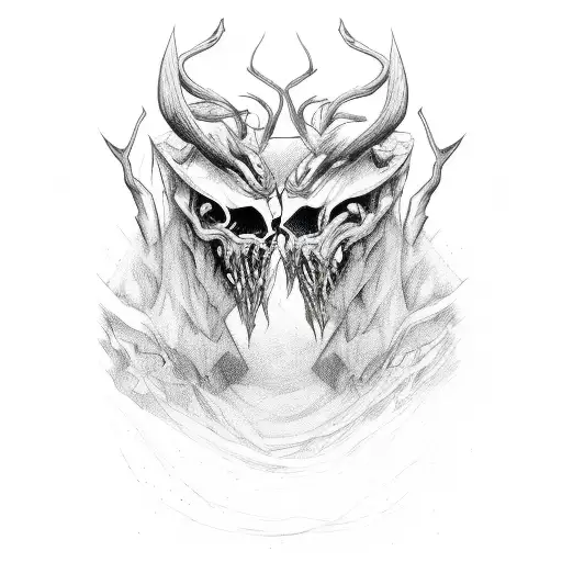 two persons, one bites the other in the neck, devils are around in a dark forest  tattoo design idea