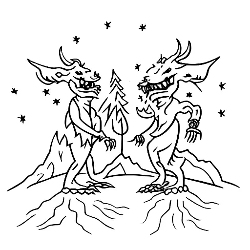 two guys, one bites the other, devils are around in a dark forest  tattoo design idea