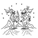 two guys, one bites the other, devils are around in a dark forest  tattoo design idea
