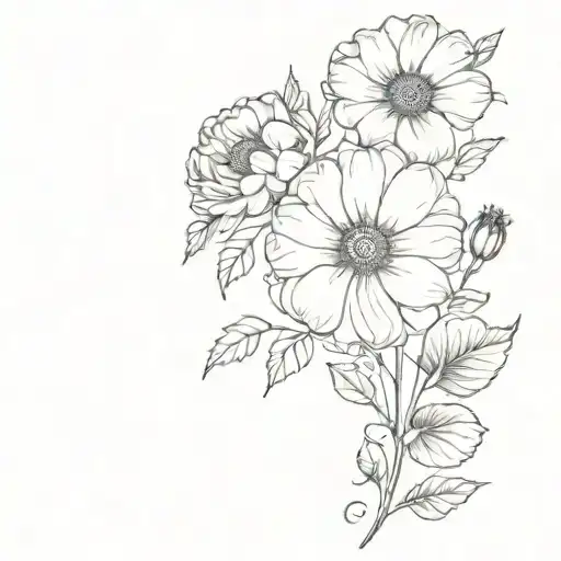 roses cosmos chrysanthemums morning glories violets flowers boquet growing with vines tattoo design idea