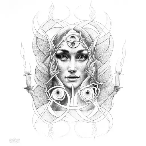 Goddess Hekate in triple form holding torches in two of the hands tattoo design idea