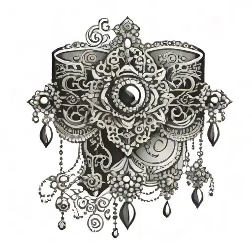 lace pattern band across thigh with intricate chains and jewels cascading down from it  tattoo design idea