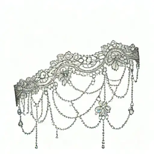 lace pattern band across thigh with intricate chains and jewels cascading down from it  tattoo design idea