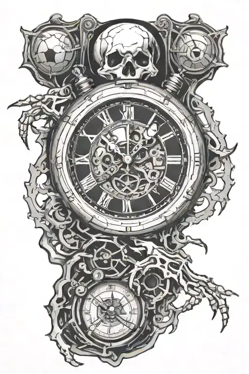 soccer, skeleton hand, clock, eye, time clock tattoo design idea