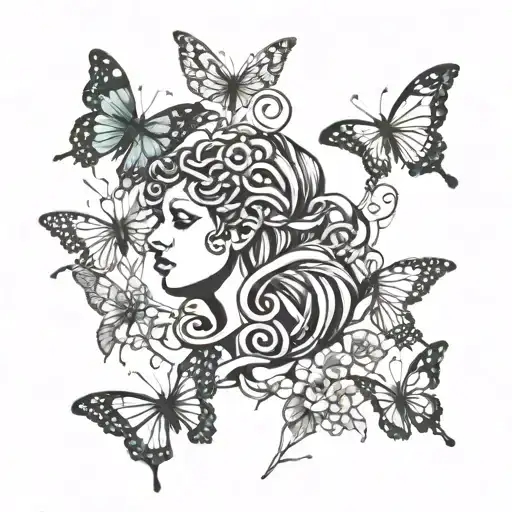 medusa and butterflies surrounding tattoo design idea