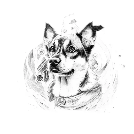 A black and grey portrait of a beloved dog with elements of a popular anime series woven into the background tattoo design idea