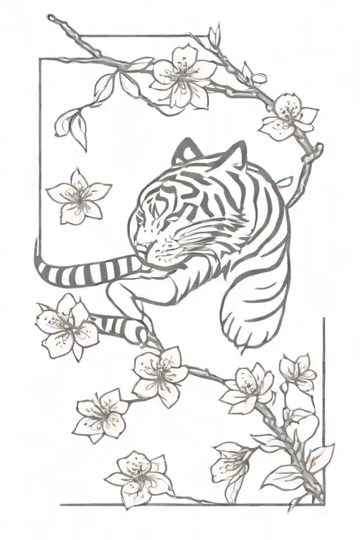 tiger and cherry blossom petals falling tattoo design idea