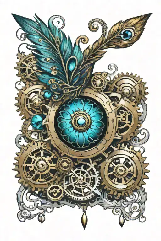 metallic peacock feather, gears, steampunk inspired mechanical tattoo design idea