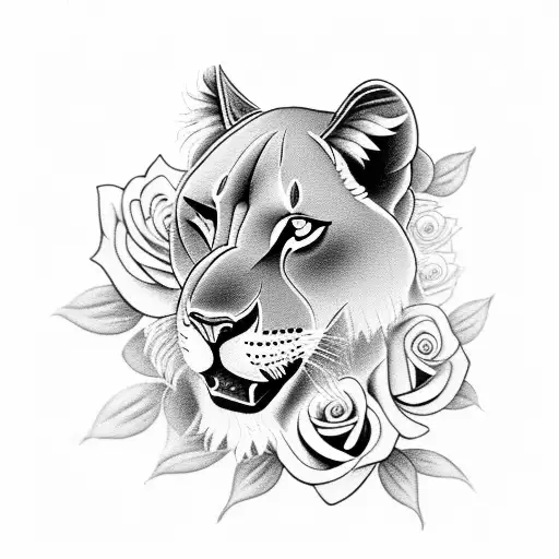Design a black-grey tattoo showcasing a fierce female lioness surrounded with roses and lily flowers tattoo design idea
