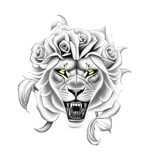 Design a black-grey tattoo showcasing a fierce female lioness snarling surrounded with roses and lily flowers tattoo design idea