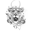 Design a black-grey tattoo showcasing a fierce female lioness surrounded with roses and lily flowers tattoo design idea