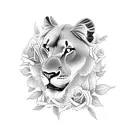 Design a black-grey tattoo showcasing a fierce female lioness surrounded with roses and lily flowers tattoo design idea