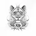Design a black-grey tattoo showcasing a fierce female lioness surrounded with roses and lily flowers tattoo design idea