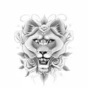 Design a black-grey tattoo showcasing a fierce female lioness surrounded with roses and lily flowers tattoo design idea