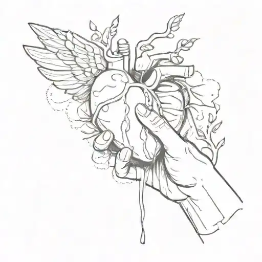 a hand holding one's heart, with an open wound, but which is healing "give me just a minute" phrase tattoo design idea