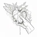 a hand holding one's heart, with an open wound, but which is healing "give me just a minute" phrase tattoo design idea