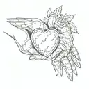 a hand holding one's heart, with an open wound, but which is healing "give me just a minute" phrase tattoo design idea