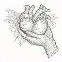 a hand holding one's heart, with an open wound, but which is healing "give me just a minute" phrase tattoo design idea