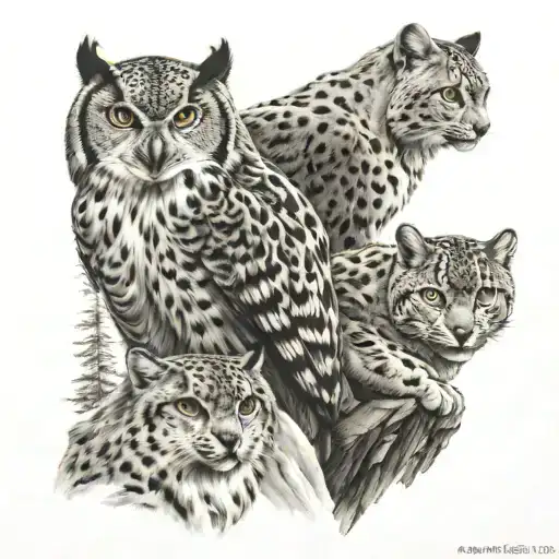 owl and snow leopard on mountain peak tattoo design idea