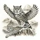 owl and snow leopard on a mountain range  tattoo design idea