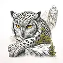 owl and snow leopard on a mountain range  tattoo design idea