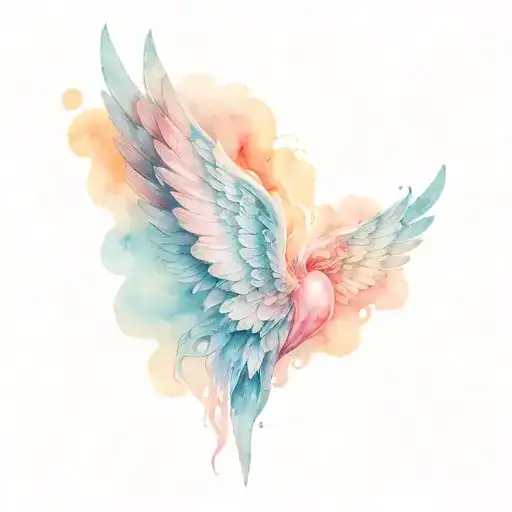 pink with heart-shaped angel wings in shades of (blue) tattoo design idea