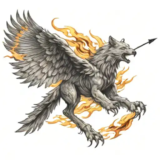 Combine a wolf and eagle wing to create a mythical creature in mid-flight, surrounded by flames and shooting an arrow tattoo design idea