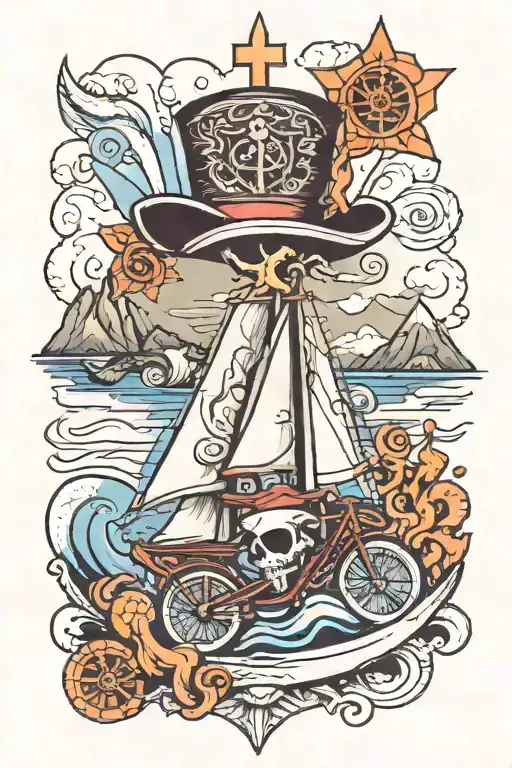 santiago cross and shell, sail boat, top hat, bicycle, fire, mountains tattoo design idea