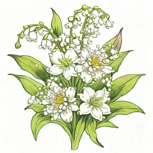 Lily of the valley flowers and daisy flowers with the first names Ella and Marceau tattoo design idea