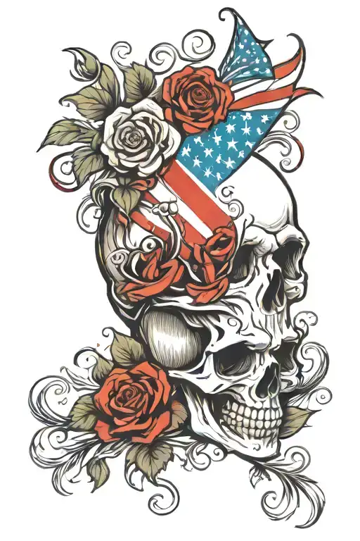 skull roses american flag downward spiral tattoo design idea