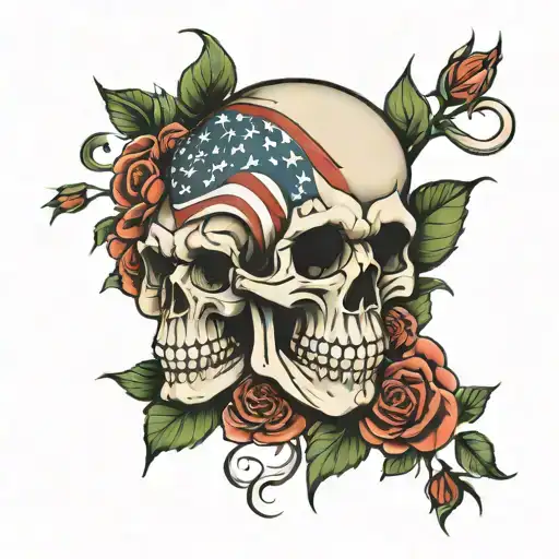 skull roses american flag intertwined tattoo design idea