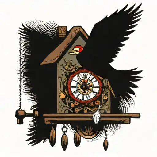 a cuckoo clock in wich the bird's feather are falling  tattoo design idea