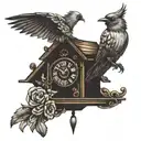 a cuckoo clock but the bird in it is losing it's feathers. The feathers should fall  tattoo design idea