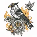 a cuckoo clock but the bird in it is losing it's feathers and its on fire tattoo design idea