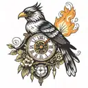 a cuckoo clock but the bird in it is losing it's feathers and its on fire tattoo design idea