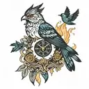 a cuckoo clock but the bird in it is losing it's feathers and its on fire tattoo design idea