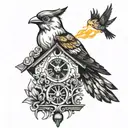 a cuckoo clock but the bird in it is losing it's feathers and its on fire tattoo design idea