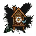 a cuckoo clock in wich the bird's feather are falling  tattoo design idea