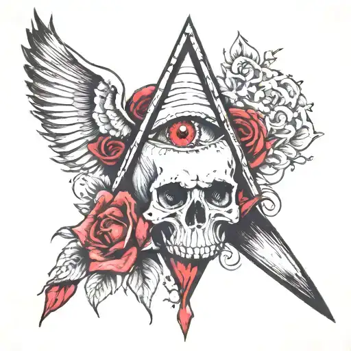 All seeing eye above , Skull and Bleeding heart Sleeve tattoo design idea
