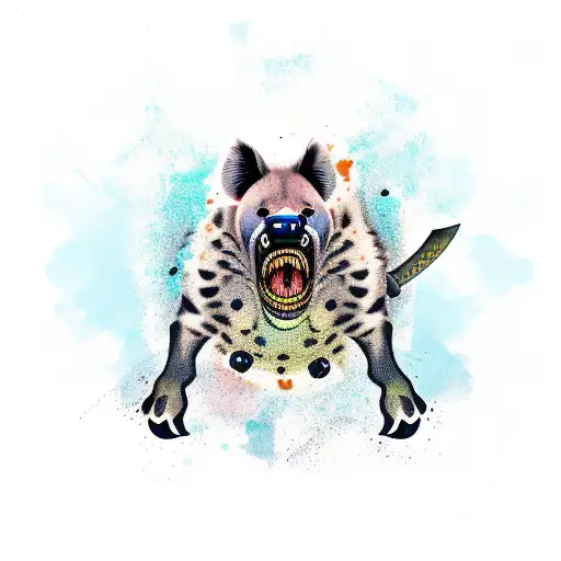 A fierce spotted hyena with a sword clenched in its jaws, symbolizing strength and ferocity in battle tattoo design idea