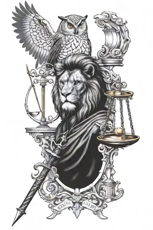 Realism "Stoic Tatoo With A Lion , An Owl, A Sword And A Scale For Justice, And An Hourglass" Tattoo Design Idea tattoo design idea