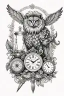 Realism "Stoic Tatoo With A Lion , An Owl, A Sword And A Scale For Justice, And An Hourglass" Tattoo Design Idea tattoo design idea